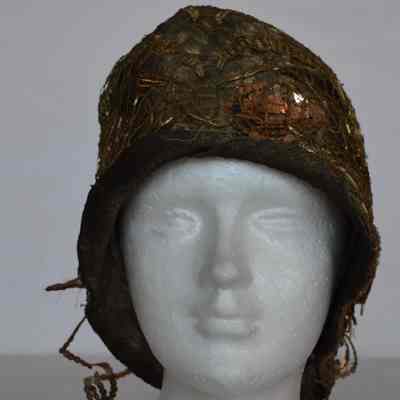 Metallic fabric and lace cloche with copper sequins and blue teardrop beads