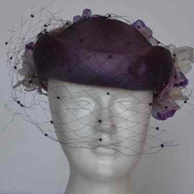 Hat - Straw Bumper with Netting Veil and Faux Flowers at back