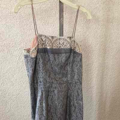 Slip dress with spaghetti strap, contrast lace panel at bodice