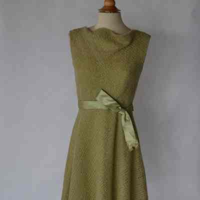 Sleeveless bouclé cowl neck dress with satin tie belt