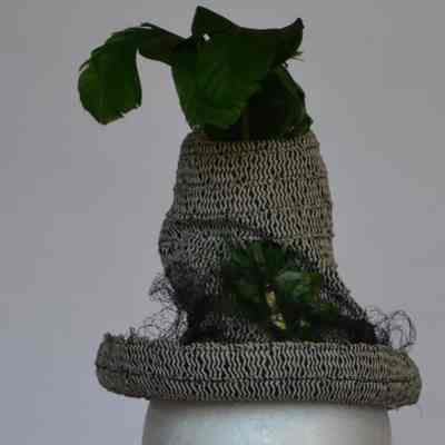 Robin Hood style hat with netting and green feathers