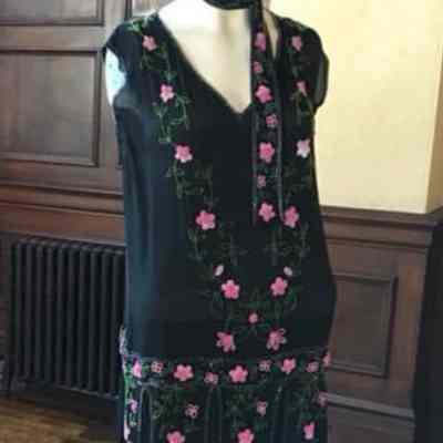 Black silk chiffon dress beaded with pink flowers and green leaves, drop waist, matching headband