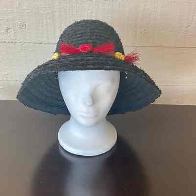 Black straw picture hat with straw details on band (mushroom hat)
