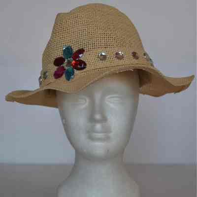 Straw hat, high crown, narrow floppy brim, decorative crystal embellishment on self hatband