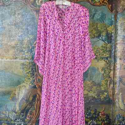 Printed silk caftan with raglan sleeves, 6 button front opening and sash belt