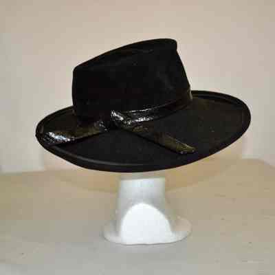 Wide brimmed wool felt fedora with leather band on crown