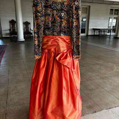 Ball Gown, Multi Colored Beaded Bodice with Orange Taffeta Skirt