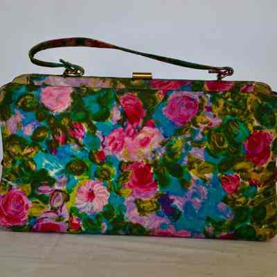 Floral fabric bag with gold frame, self handle, impressionist