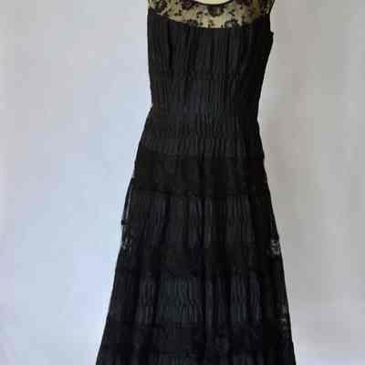 Pintucked cocktail dress with lace yoke