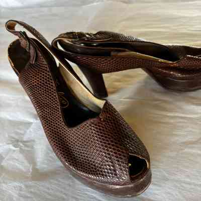 Embossed Leather Heel Shoes, Peek-a-Boo Toe, Brown