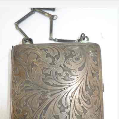 Etched Metal Purse/wallet with Floral Design, with Hinged Metal Strap