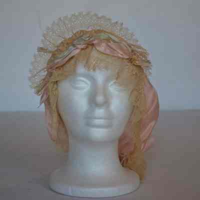 Silk boudoir cap with lace trim and ribbons at front