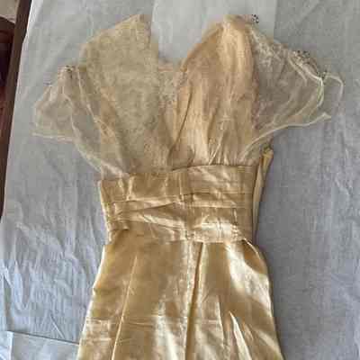 Silk jacquard long dress with lace bodice, cummerbund and back scarf attached at shoulder