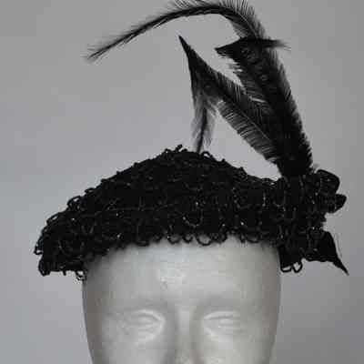 Beaded conical cocktail hat with feathers and velvet bow