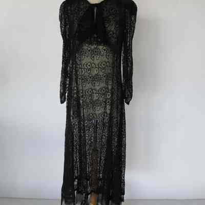 Long sleeve black lace long dress with netting flounce at hem