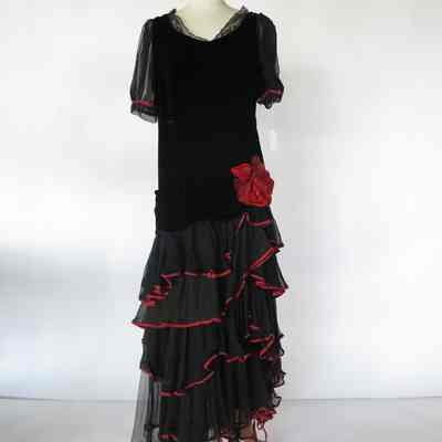 Black Velvet and Chiffon Puff Sleeved Dress with Red Details