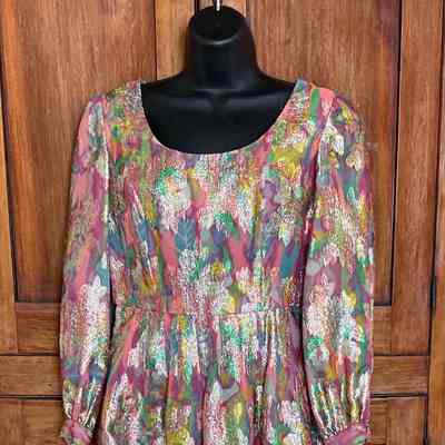 Brocade long sleeve full length dress with empire bodice, self belt