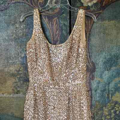 Full length sleeveless sequined sheath with scoop neck