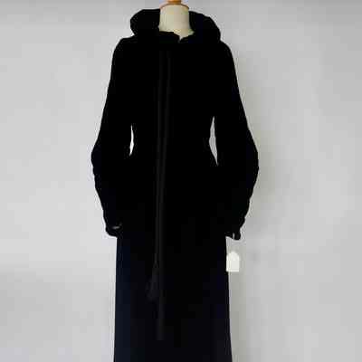 Velvet long evening coat with rolled collar and rope tie at neck