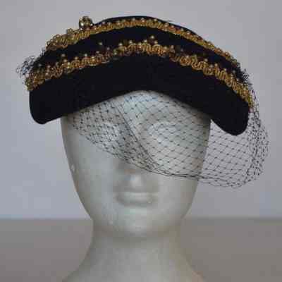 Navy cocktail hat with gold braid trim and Russian veiling