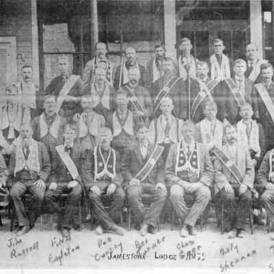7. Jamestown Lodge Ao79 members.: Front row is identified as T. Ba-r, Jim Russell, Finn Eagleton, Dee Cuncey, Be- Turner, Chas Geer, Billy Sherman, Tom Shellad. 8.5"x11" print and digital copy