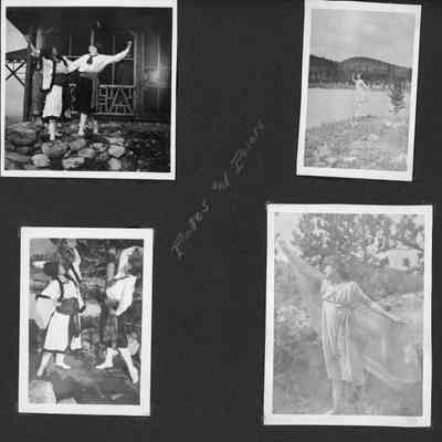Scrapbook page 4 with four photos.: Page is labeled "Poses and Posers" and women in dancing costumes are posed in outdoor settings.