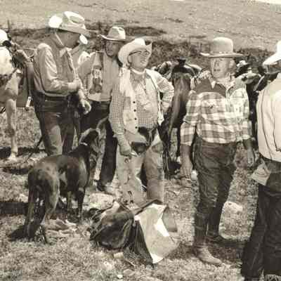 35.: Beer Stop--Top of Meadow Mountain south of Allenspark. 12 July 1954. Johnny Boyle, Dick Dickson, -ravey(?), Don Kemp, Mel G(?)latz
