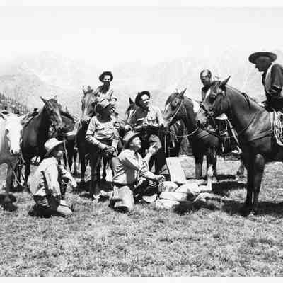 45.: Arapaho Valley, 19 July 1955. Bill Havkirk(?), Asst. Ranger, Roosevelt Forest and Arapaho Forest; Craig Pender, Dist. Ranger Roosevelt Forest; Geo Hardy, Dist. Ranger Arapaho Forest; Geo K. Brown, Supervisor Arapaho Forest; Joe H. Decker; Don Kemp.