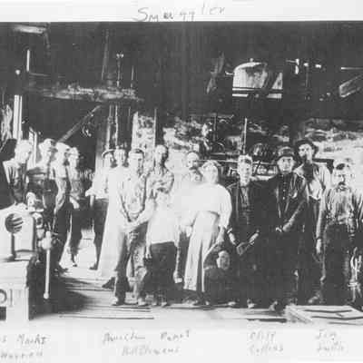 5. Smuggler Mine group photo. Some are identified as G. Ernss(?), Elmer Warren, ---, Bill Clemens, Pennt, Cliff Collins, Jim Smith: Digital only