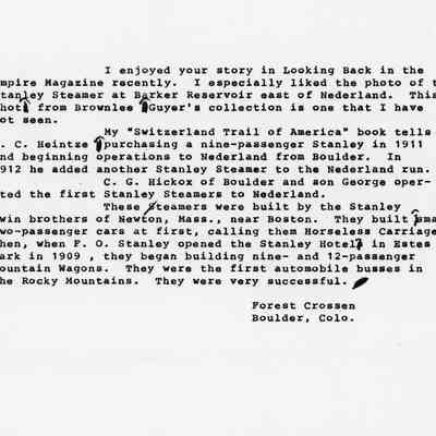 6. Copy of typewritten letter from Forest Crossen to unknown recipient about a story in Looking Back in the Denver Post's Empire Magazine with some history of the Stanley Steamer.