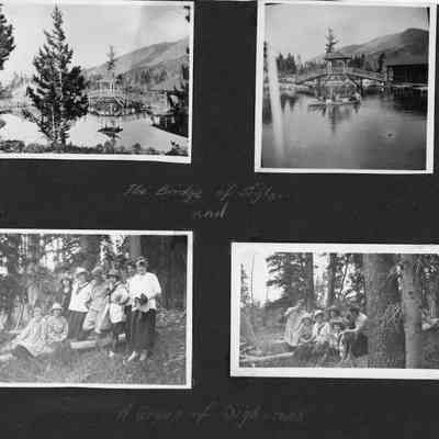 Scrapbook page 2 with four photos.: Top two photos are labeled "The Bridge of Sighs" and show the bridge reflected in the lake and the bridge with a canoe and four women. The bottom two group photos taken outside is labelled "A Group of  Sigh-rens".