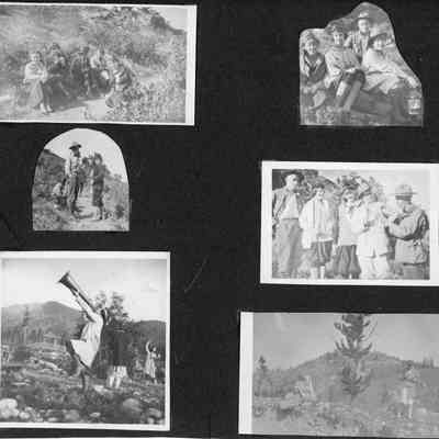 Scrapbook page 8 with six photos.: No labels. Lower left photo shows girl with horn and the Bridge of Sighs in the background. Other photos show women hiking.