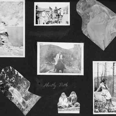 Scrapbook page 9 with seven photos.: Page is labeled "Mostly Ruth" and photos include women on horseback in outdoor settings, and posing in dancing attire.
