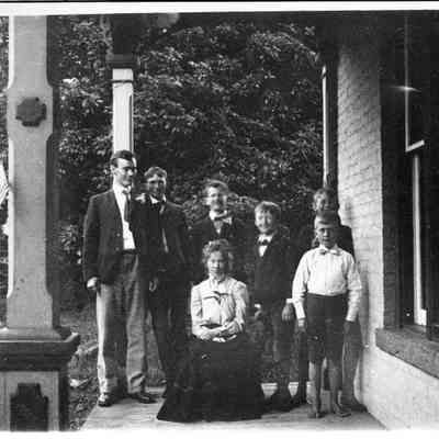 2a. The Cousins. (left to right) Darsie C. Bard, Archibald C. Barrett, James W. Barrett, Robert A. Kemp, Donald Kemp, Elizabeth Barrett (seated, front), David D. Barrett (standing front): Negative in envelope 2, also 5"x7" print