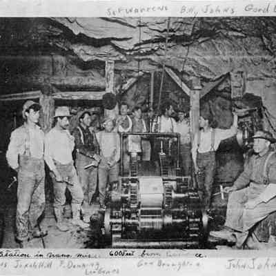 10. Station in Wano Mine. 600 Feet from Entrance. Identified (on bottom) are Lee Evans, Jonah Hill, F. Dunning, Le- Evans, Ern Broughton, and John Johns. (On top): S-F Warrens, Billy Johns, and Gord Beach: Digital only