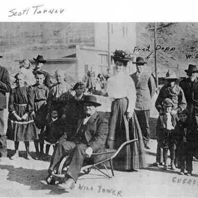 2. People posing for the camera. Those identified are Chas Dopp, Will Tower, Fred Dopp, W. Beach, Everet, and Arch W: Digital only