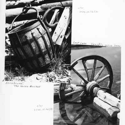 Page 10: Top photo: Ironbound: The Mine Bucket. Also 2024.10.56(3) A mine-shaft bucket, relic of early mining days.  Buckets of this type, originally 50 gallon hickory-staved whiskey or vinegar barrels, were reinforced by iron hoops and heavy strap-iron braces and fitted with a heavy iron bale. The bucket was fabricated by the mine owner or blacksmith, if he had one, at the mine and served effectively until a deepening of the shaft made necessary replacement by a larger sheet steel bucket. The one shown here had an ore capacity of about 400 lbs., all traces of these useful articles have long ago disappeared. (From caption found in envelope labeled "Notes for Happy Valley book")
Bottom photo: Lost Lake: Vandals Were Here. Also 2024.10.36(17)