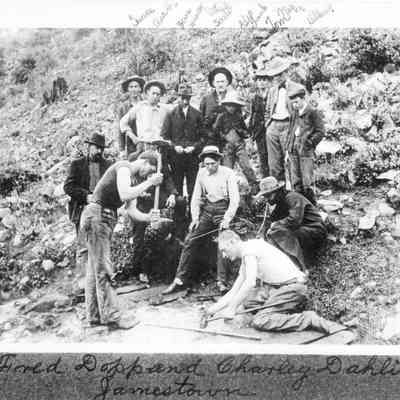 4. Fred Dopp and Charley Dahlin in mining contest in Jamestown. Some spectators also identified.: 8.5"x11" print (without identifications) and digital