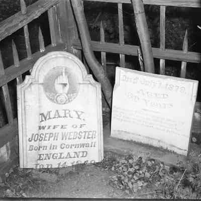 2. B&W negative 2.25"x3.25": Mary Webster headstone in Caribou cemetery with wood fence