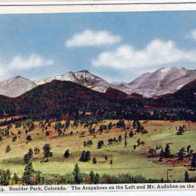 7. Boulder Park, Colorado. The Arapahoes on the Left and Mt. Audubon on the Right. 15253.: Hand-colored