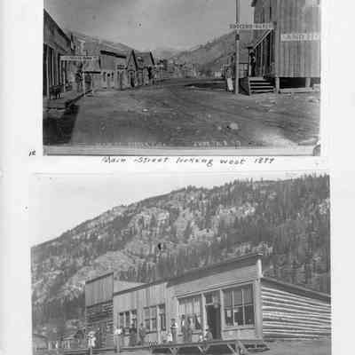 Page 7: Top photo: Main Street looking west, June the 8, 1899. Back of photo identifies "Mogul House- Mrs. Jamieson, children Danny, Molly, Frances. Grocerie and Bakery and Hotel Wardell." Also located in 2024.10.7(5). 
Bottom photo: Labeled as Eldora Post Office 1899, however there is no sign for the post office (there is a post office sign in the top photo). J.B. Sturtevant, Eldora, Colo. No. 61. Shows several log buildings with false fronts housing businesses including the Vendome Hotel and A.L. Tomblin, Atty at Law, men, women, children, and a dog.