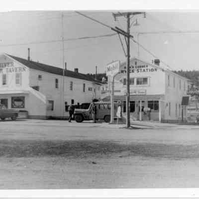 2. Silver Dollar Tavern and Dick's Corner Service Station with Mobil sign.: 5"x7" black and white photograph