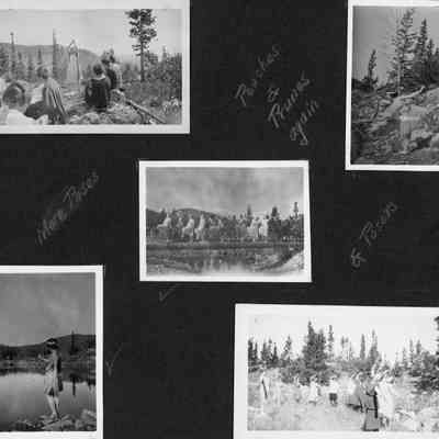 Scrapbook page 7 with five photos.: Page is labeled "Peaches & Prunes again" and "More Poses & Posers". Women are in dancing costumes and posing outdoors. The middle photo shows a group of women dancing on a log bridge.