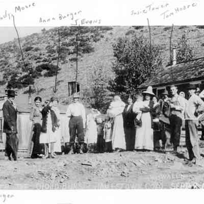 2. After the Cloud Burst, Jamestown, Colo., Sept 8, 1913. 4011: Photo shows group of people, some of whom are identified as Fred Burger, Gladys Moore, Anna Burger, J. Evans, Susie Tower, and Tom Moore, after the cloudburst of Sept. 8, 1913, flooded Jamestown. Wiswalls Photo