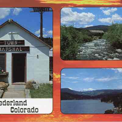 11. Post card showing the town Marshal's office, the covered bridge over Middle Boulder Creek, and Nederland reservoir. Photo by Bob McMillan.