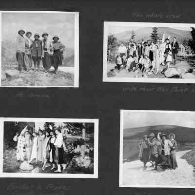 Scrapbook page 3 with four photos.: Top left photo is labeled "At Corona". Top right: "The whole crew with their war paint on". Bottom left: Peaches & Prunes (mostly prunes)". Bottom right: "The Top of the World" (how Corona was referred to marketing material).