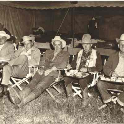 40.: Central City camp-- 17 July '55 Breakfast. Dave Rousch, Jack Berg, Pete Smythe, Don Kemp, Hank Tietamann, Arapaho Forest District Ranger
