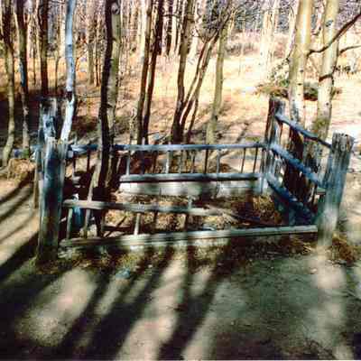 3. Caribou Cemetery- wood fence around grave.: Color slide and color 8"x10" print. Both scanned. Print was donated by Tom Hendricks and made from color slide donated by Lorraine Todd.