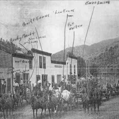 8. Busy street in front of Evans House with people identified.: Identified are Bill tower, JackMcLaren, Mrs. Fulmer, Wall Beach, Becky Markt, John Evans, Mrs. G. Evans, Lew Evans, Pet Walker, and Earl Smith.