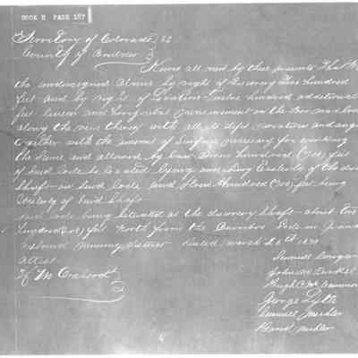 Photocopy of document: Territory of Colorado, County of Boulder 
Know all men by these presents that the undersigned --- by right of discovery Two hundred feet and by right of Location Twelve hundred additional feet- linear and horizontal measurement- on the Poorman lode along the vein --- with all its --- --- and angles together with the amount of surgace necessary for working the Same and allowed by law Seven hundred (700) feet of --- lode -- -- - ---- lying ---- Easterly of the discovery Shaft-- on ---- lode --- seven hundred (700) feet being ----- of ---- Shaft.
---- lode being situated at the discovery shaft--about two hundred (200) feet north from the Caribou Lode in --- --- --- district. Dated March 26th 1870. Attest -- -- --

Samuel Conger, John Pickel, Hugh McCammon, George Lytle, Samuel Mishler, and Daniel Mishler